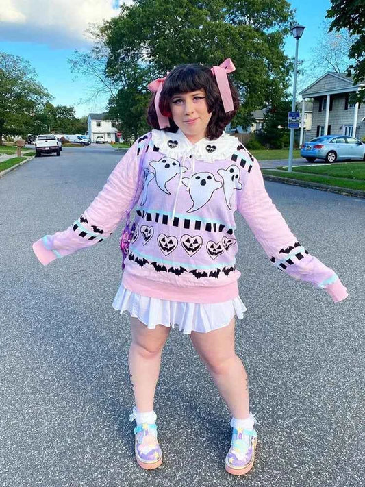 Yangelo Pink Kawaii Sweater Women's Knitted Top Gothic Ghost Bat Pattern Autumn Winter Warm Fairy Grunge Clothing