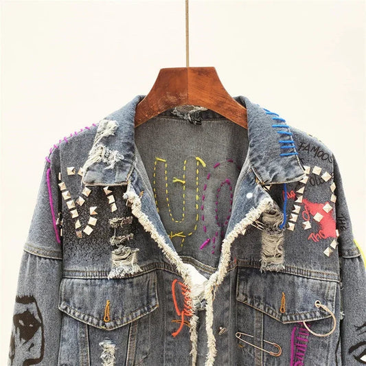 2025 Spring Autumn Women Street Fashion Graffiti Denim Jacket Female Short Frayed Raw Cut Rivet Jacket Fringe Jean Coat Outwear SS69