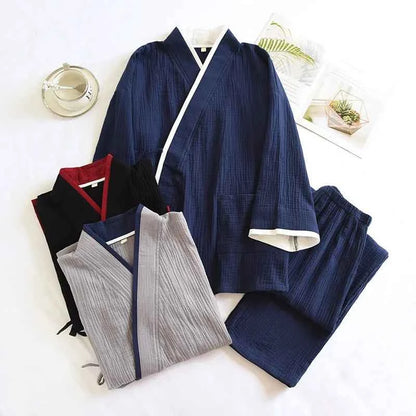 Japanese Style Spring and Autumn Thin Men's Kimono Hanfu Pure Cotton Gauze Pajamas Plus Size Home Steaming Suit