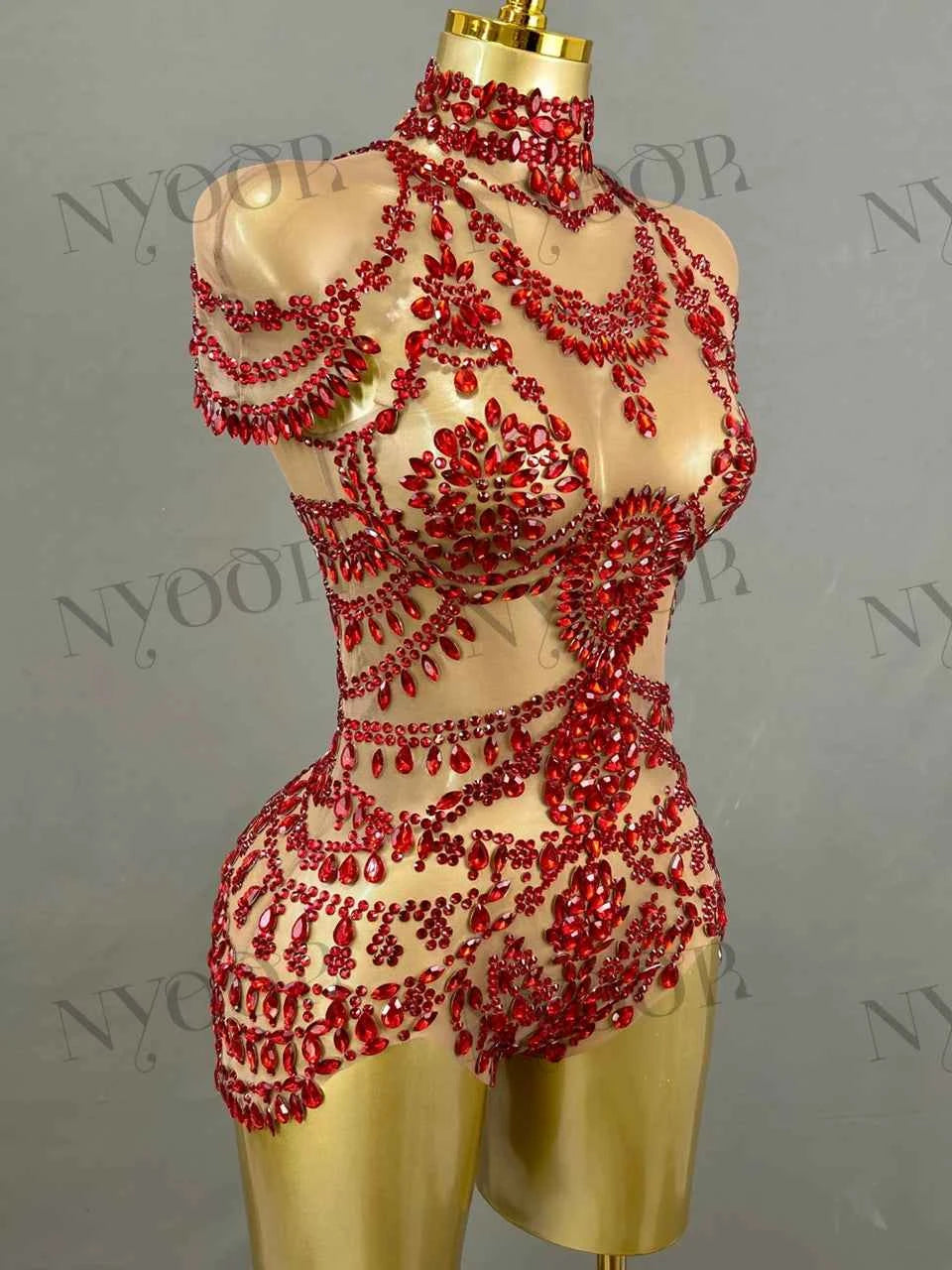 Sparkly Rhinestones Bodysuit Women Sexy Mesh Transparent Party Leotard Performance Dance Costume Singer Dancer Show Stage Wear