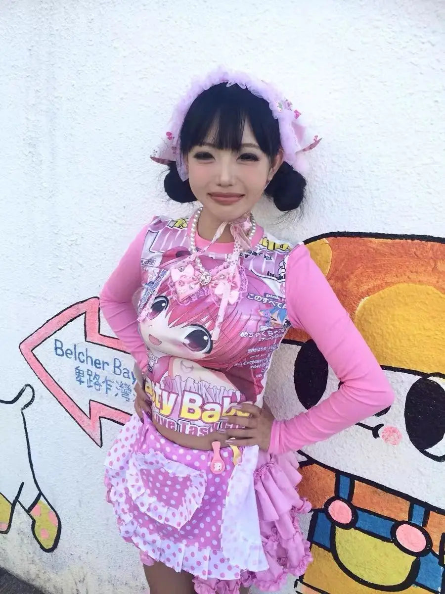 Deeptown Harajuku Kawaii Anime Graphic T Shirts Women Cutecore Cartoon Patchwork Tees Y2K Aesthetic Slim Crop Top Japanese 2000s SS69