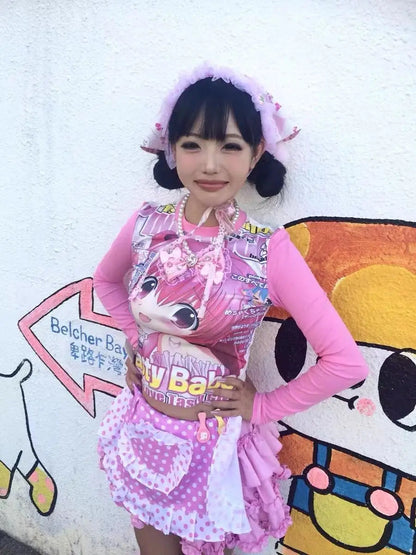 Deeptown Harajuku Kawaii Anime Graphic T Shirts Women Cutecore Cartoon Patchwork Tees Y2K Aesthetic Slim Crop Top Japanese 2000s SS69