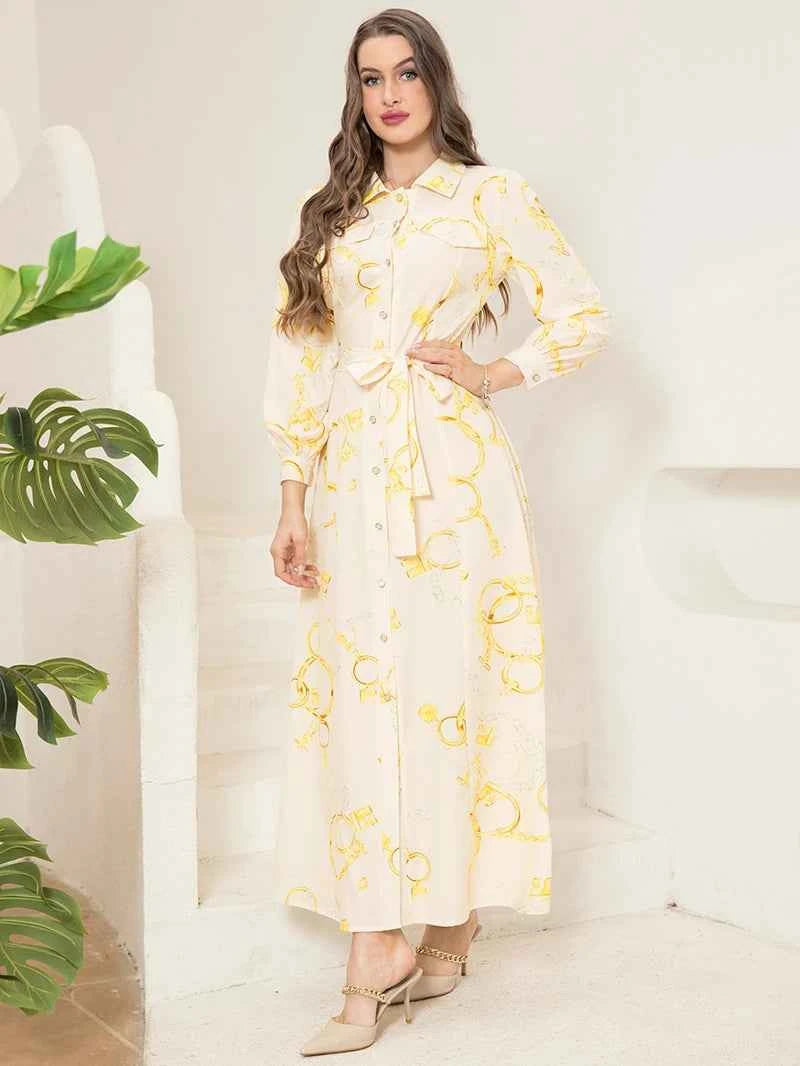 Elegant Long Shirt-Sleeve Dress with Chain Print Design, Belt & Pocket - Sophisticated Collared Neck, Button Details