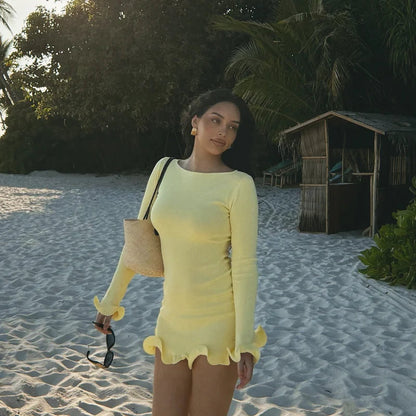 Women Fashion Solid Ruffles Hem Mini Dress Elegant Long Sleeve High Waist Slim Dresses 2025 Summer Vocation Street Vestidos SS69