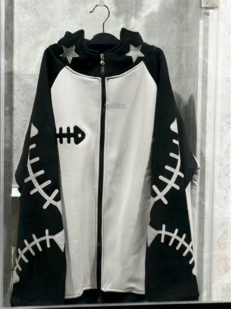 Japanese Punk Cat Ear Hoodie with Fish Bone Zip-Up