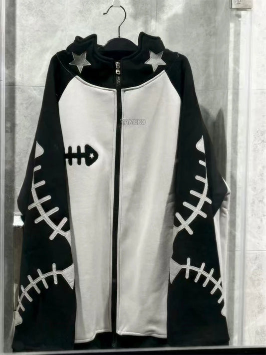 SS69 Japanese Punk Cat Ear Fish Bone Zip-Up Oversized Hoodie Blue