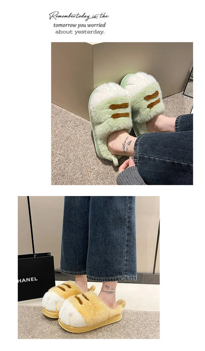 New Adorable Kitty Claw Slippers Women's Home Shoes Non Slip Furry Mules Female Fashion Warm Fluffy Slides Outdoor Cat Slippers