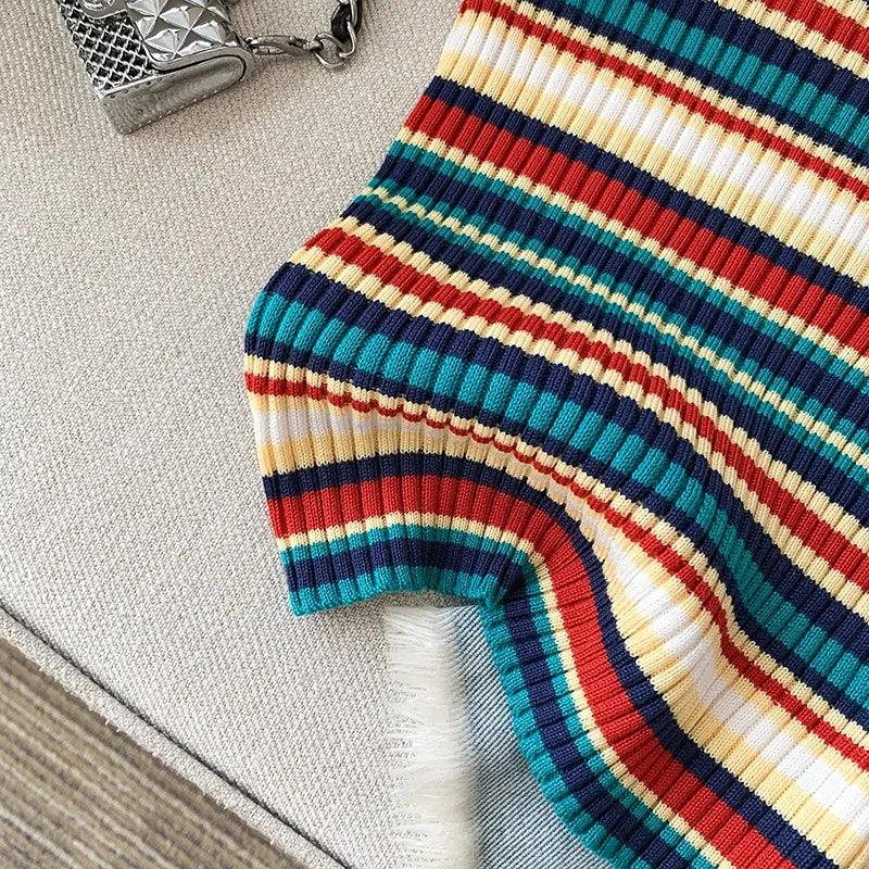 YuooMuoo Chic Fashion Knitted Tops Women 2025 Summer Y2K Rainbow Striped Slim Elastic Sleeveless Tank Tops Steetwear Lady Shirts SS69