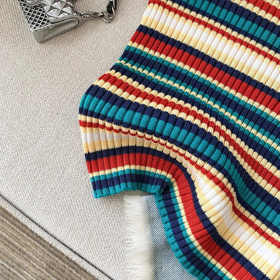 YuooMuoo Chic Fashion Knitted Tops Women 2025 Summer Y2K Rainbow Striped Slim Elastic Sleeveless Tank Tops Steetwear Lady Shirts SS69
