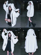 Mauroicardi Autumn Winter Sweet Cute Kawaii Soft Thick Warm Black Faux Fur Coat Women with Bunny Ears Cute Fluffy Jacket Hoodie