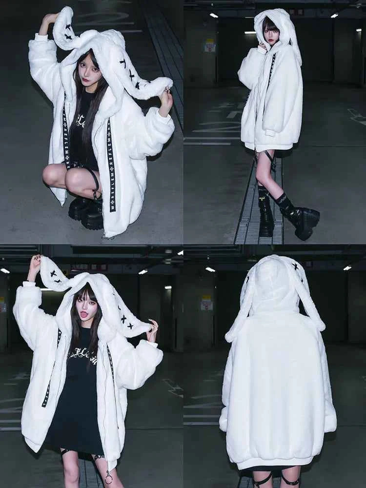 Mauroicardi Autumn Winter Sweet Cute Kawaii Soft Thick Warm Black Faux Fur Coat Women with Bunny Ears Cute Fluffy Jacket Hoodie