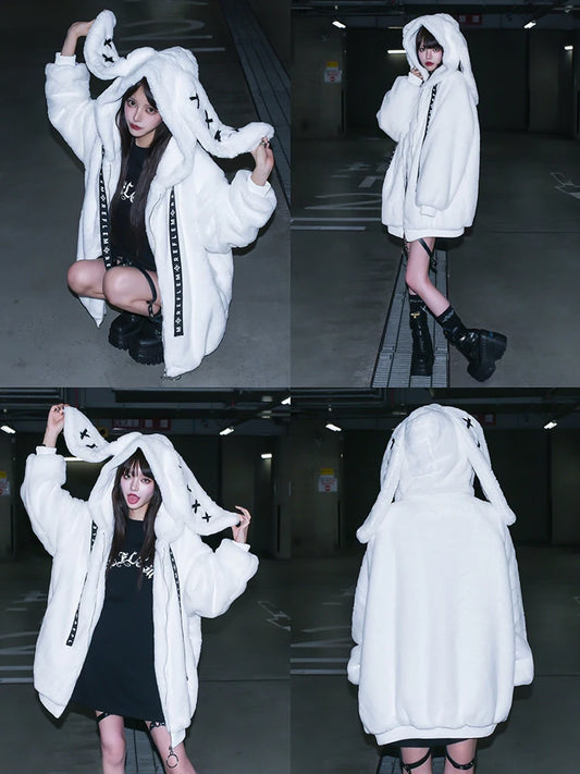 Mauroicardi Autumn Winter Sweet Cute Kawaii Soft Thick Warm Black Faux Fur Coat Women with Bunny Ears Cute Fluffy Jacket Hoodie