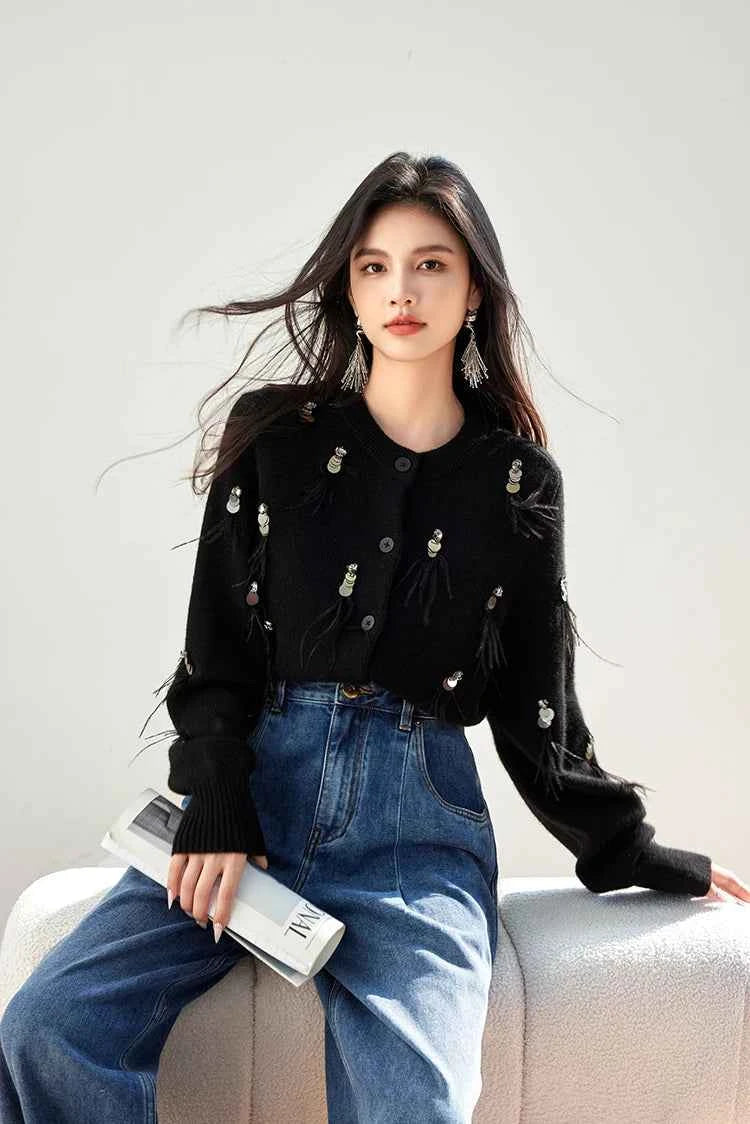 H Han Queen Autumn Simple Basic Black Tasseled Sequins Knitted Coats Cardigan Sweater For Womens Tops Long Sleeve Cardigans