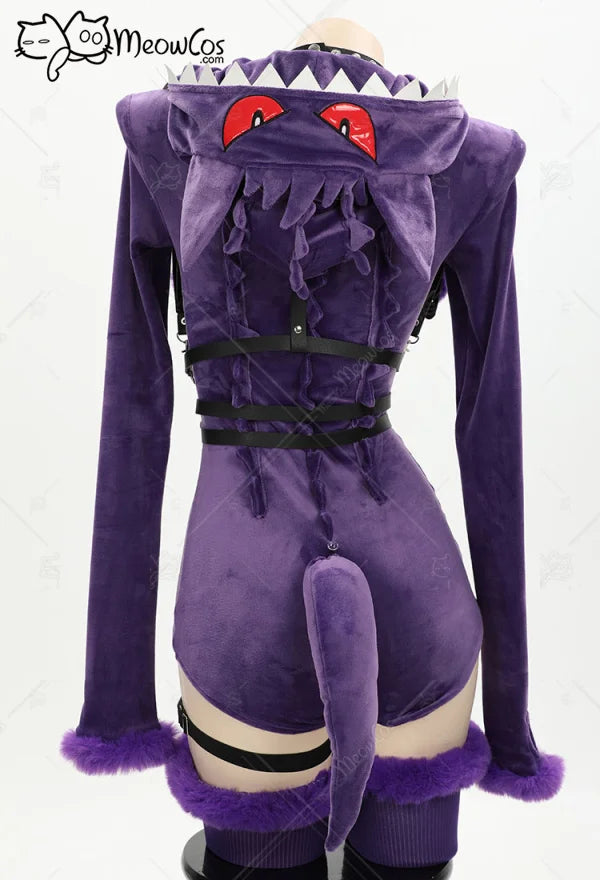 Meowcos Women Genga Cosplay Costume Halloween Purple Ghost Romper Bodysuit Plush Hooded and Socks with Belt and Tail