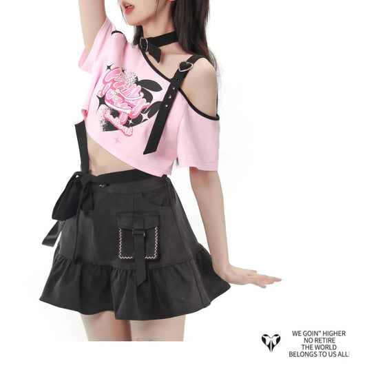 Black Pink Y2K Clothing Set Hot Girls Strapless Strap Short Sleeve T-shirt Slimming Jeans Long Pants Female 4 Piece Set Outfits SS69