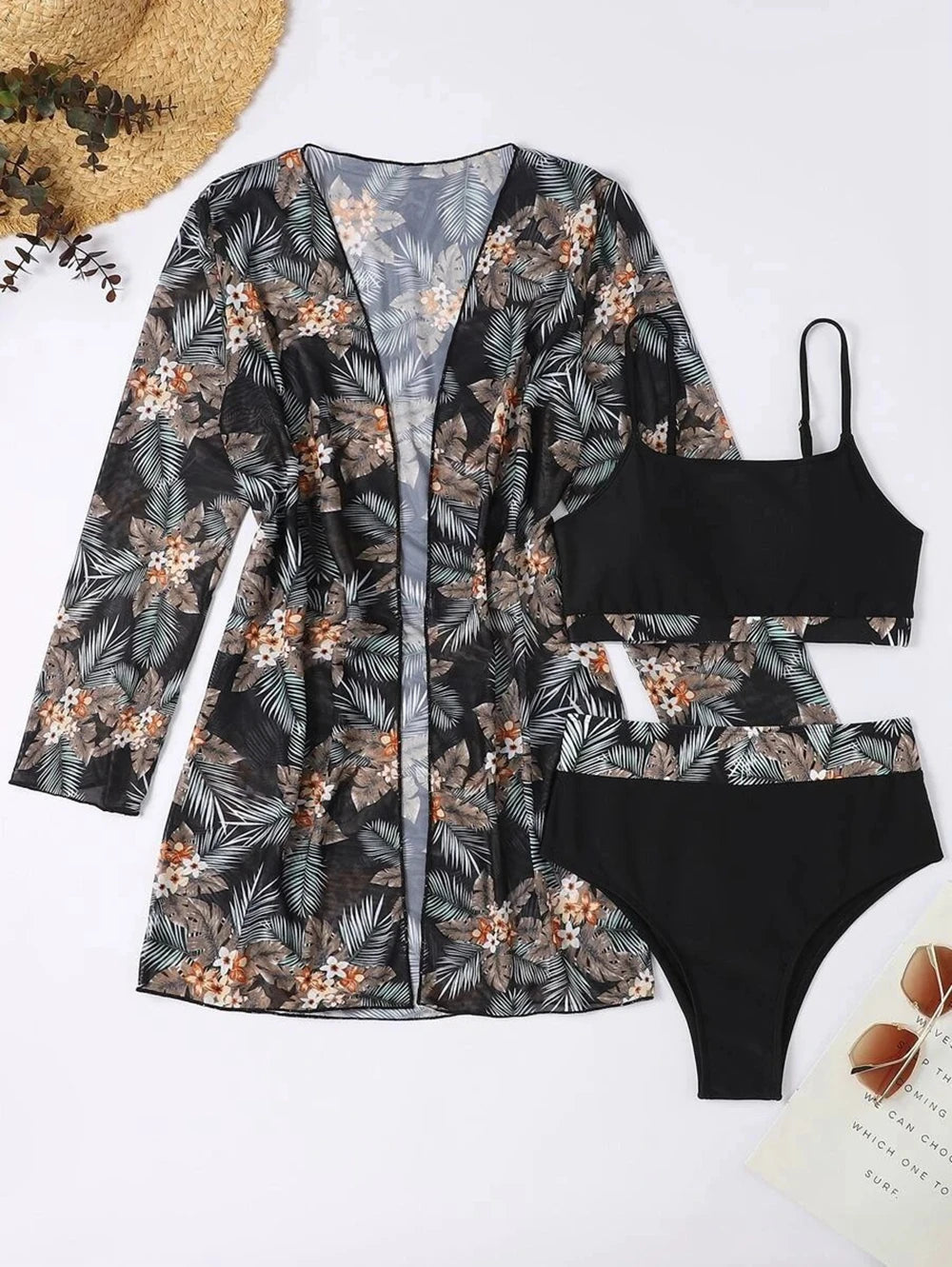Hot Selling Women Bikini 3 Pieces Suit Black/Green/Red Bikini Sets With Long Sleeved Cover Ups High Quality Size Small-XXLarge SS69 23.69 Black / XL