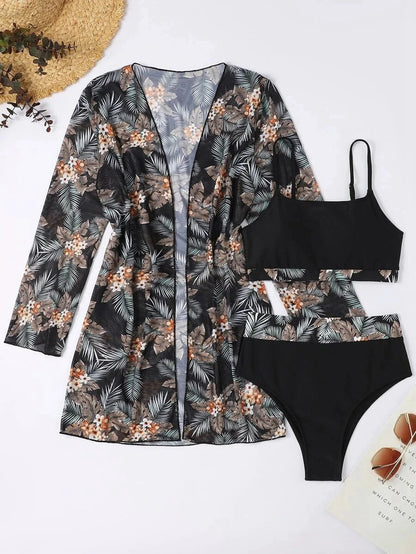 Hot Selling Women Bikini 3 Pieces Suit Black/Green/Red Bikini Sets With Long Sleeved Cover Ups High Quality Size Small-XXLarge SS69 23.69 Black / XL