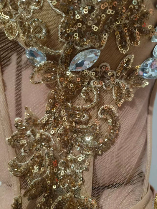 Draped sequins Skirt 2 Piece Women Gold Rhinestone Corset Outfit Sparkly Crystal Stage Costume Club Party Bar Performance Dance