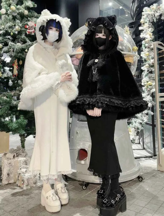 Japanese Mine Lace Splicing Cute Bow Lolita Shawl Jacket Autumn and Winter New Sweet Girl Loose Warm Plush Cape Coat Women