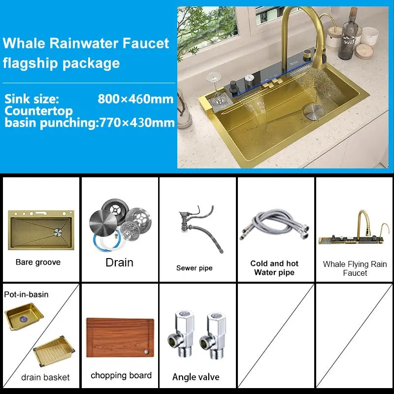 TELISIYAC Stainless Steel Waterfall Kitchen Sink - Large Single Bowl