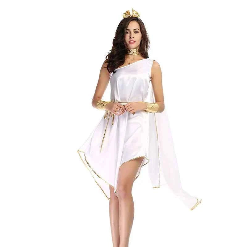 Lady Carnival Halloween Ancient Greek Goddess Athena Costume Asymmetrical Egyptian Robe Cosplay Fancy Party Dress