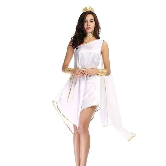 Lady Carnival Halloween Ancient Greek Goddess Athena Costume Asymmetrical Egyptian Robe Cosplay Fancy Party Dress