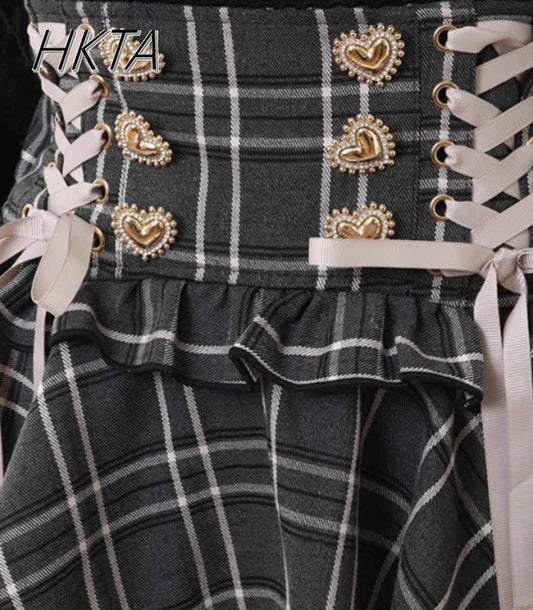Original Japanese Mines Lolita Strap Skirts Women High Waist and Thin Frilly Pleated Skirt College Style Liz Girl Plaid Skirt