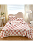 Pink White Plaid Coral Fleece Blanket for Sofa & Travel