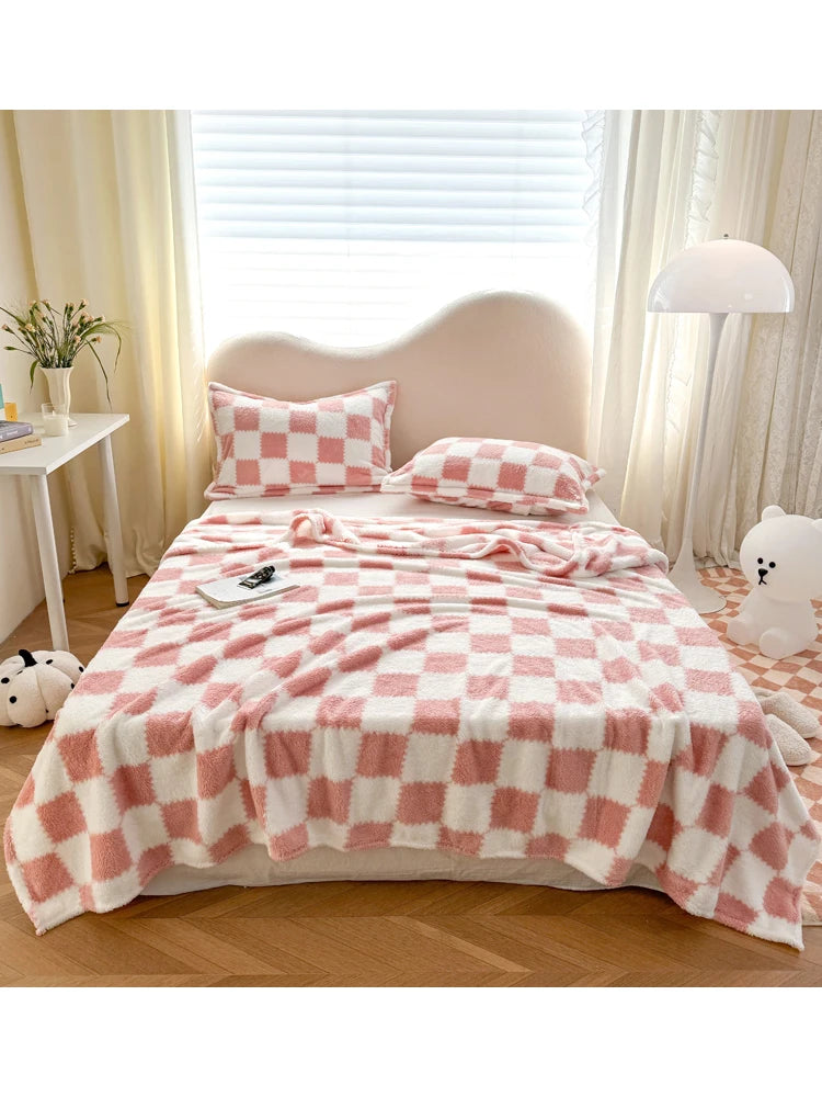 Pink White Plaid Coral Fleece Blanket for Sofa & Travel