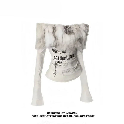 Y2k Emo Women Korean Streetwear Japanese Fur Collar Tops Off Shoulder Long Sleeve Aesthetics Letter T-shirt 2000s Alt Clothes SS69
