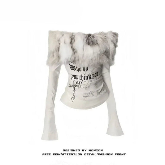 Y2k Emo Women Korean Streetwear Japanese Fur Collar Tops Off Shoulder Long Sleeve Aesthetics Letter T-shirt 2000s Alt Clothes SS69
