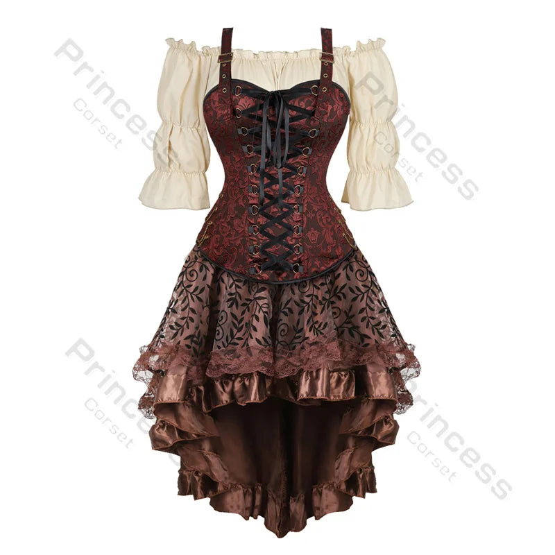 Brown Pirate Dress Plus Size Faxu Leather Steampunk Corset Dress with Shoulder Off Blouse Cosplay Pirate Costume for Women SS69 78.69 Brown 12 / 5XL
