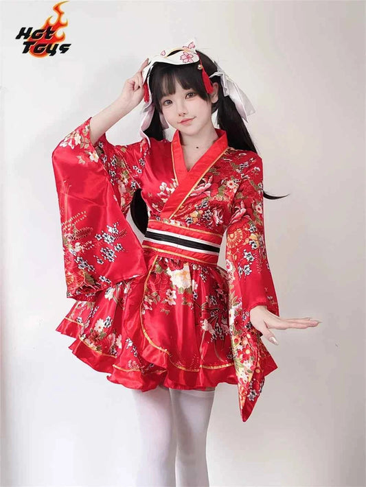 Japanese Kimono Yukata Robes Kawaii Girls Floral Printed Haori Suit Lovely Lolita Dress For Women Maid Cosplay Costume Halloween