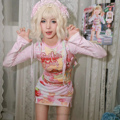 Subcultural Spicy Girl Clothes Cute Bottom Tee Shirt Y2k Harajuku Anime Slim Long Sleeve T-shirts Women Cartoon Pink Crop Tops SS69