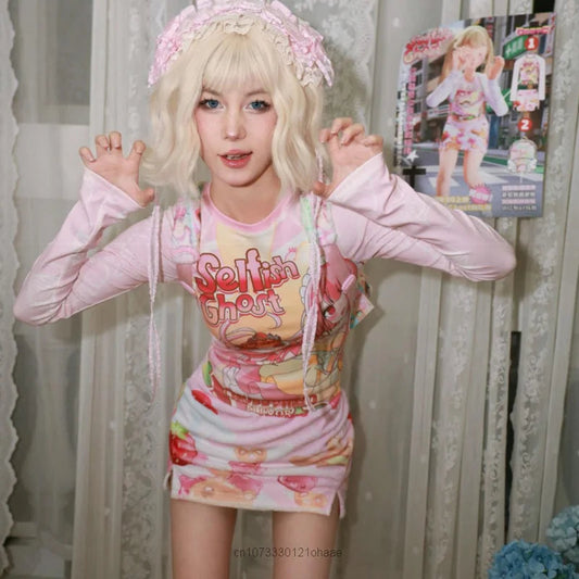 Subcultural Spicy Girl Clothes Cute Bottom Tee Shirt Y2k Harajuku Anime Slim Long Sleeve T-shirts Women Cartoon Pink Crop Tops SS69