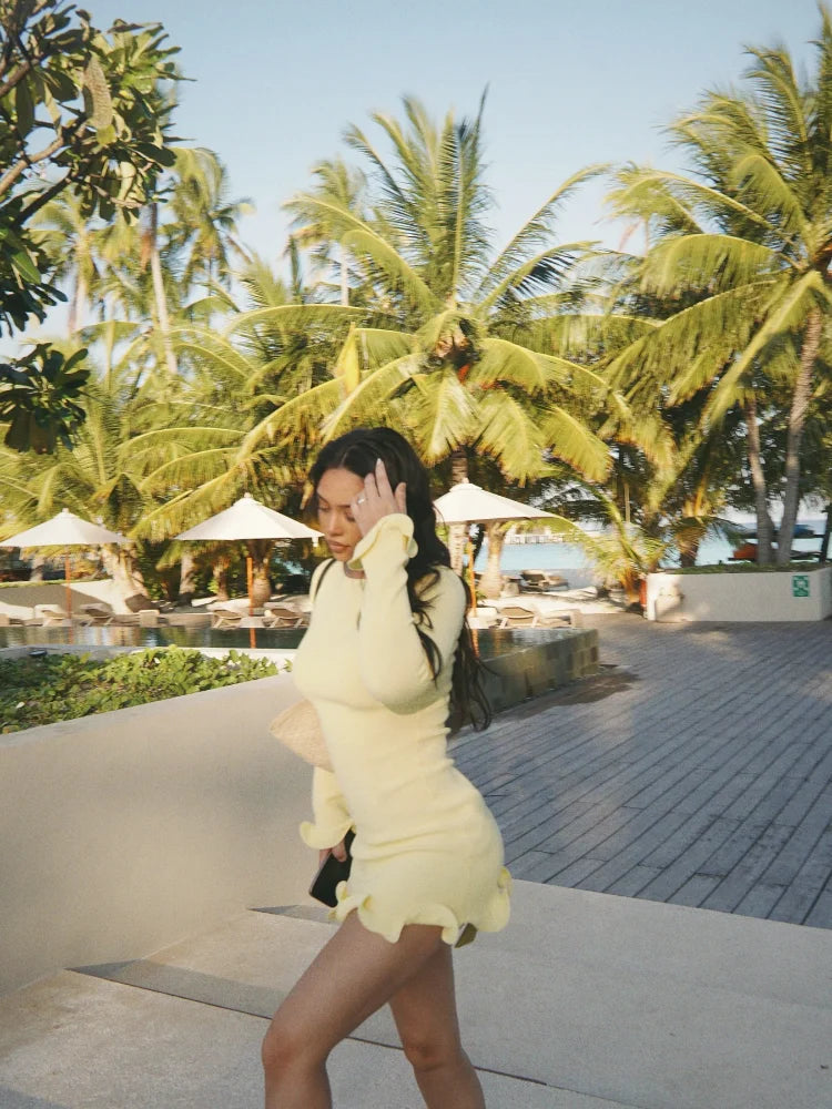 Women Fashion Solid Ruffles Hem Mini Dress Elegant Long Sleeve High Waist Slim Dresses 2025 Summer Vocation Street Vestidos SS69