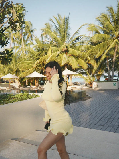 Women Fashion Solid Ruffles Hem Mini Dress Elegant Long Sleeve High Waist Slim Dresses 2025 Summer Vocation Street Vestidos SS69