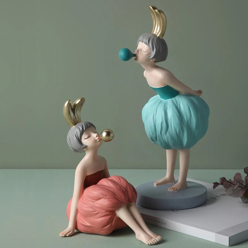 Bubble Gum Rabbit Girl Figurines, Modern Home Decoration,Party Decor, Sweet Gift for Girl,Lovely Room Ornaments,Birthday Present SS69