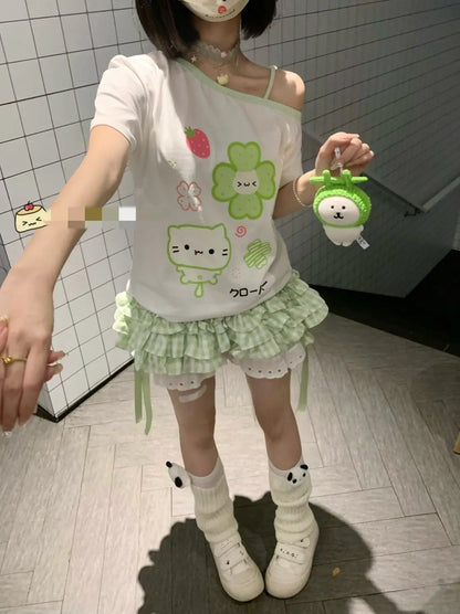 Kimotimo Green Plaid Bow Skirt Shorts Women Elastic Waist Slim Ift Short Pants Japanese Kawaii Versatile Y2k Aesthetic Clothes