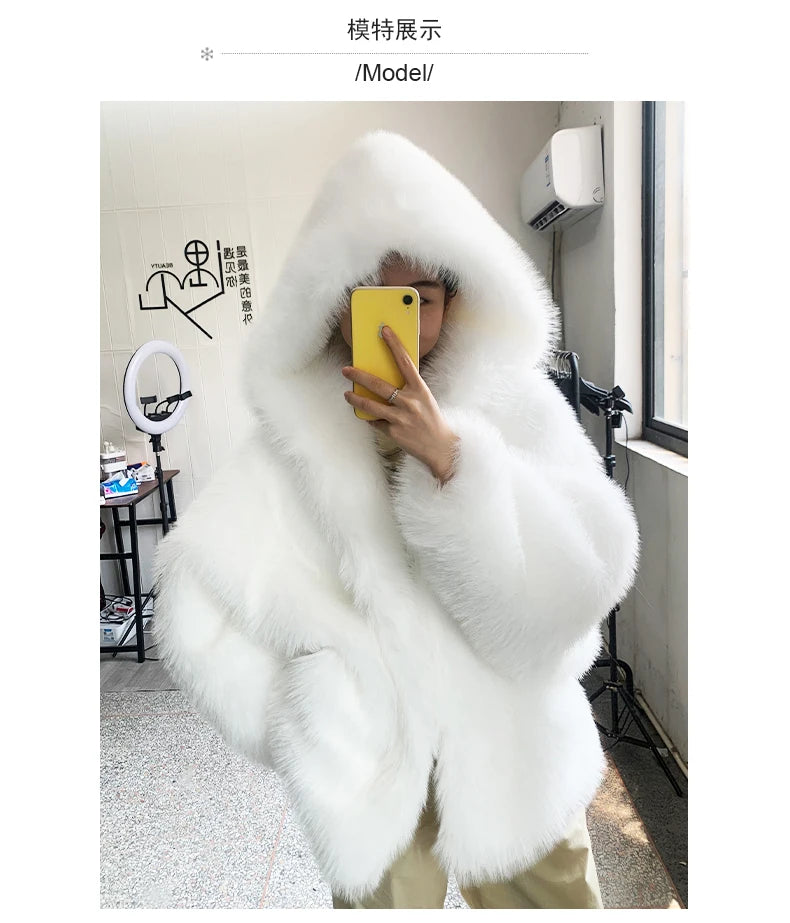 Nerazzurri Women's Faux Fur Coat with Hood - Warm & Fluffy