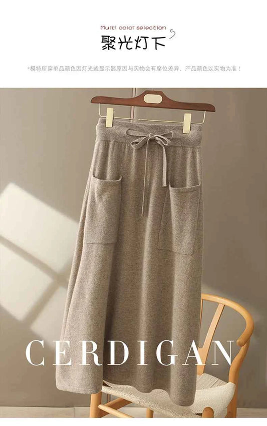 Autumn And Winter100% Pure Wool Skirt Women's Long Pocket Small A Skirt High Waist Slim Cashmere Knit A-Line Skirt