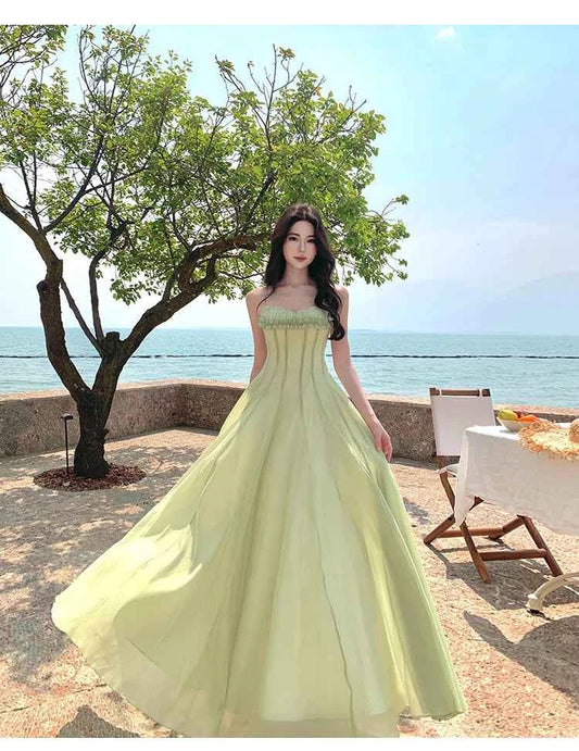 Summer Retro Purple Sexy Sleeveless Backless Ruffles Pleated Slip Dress French Women Green Elegant Party Evening Long Dress Chic