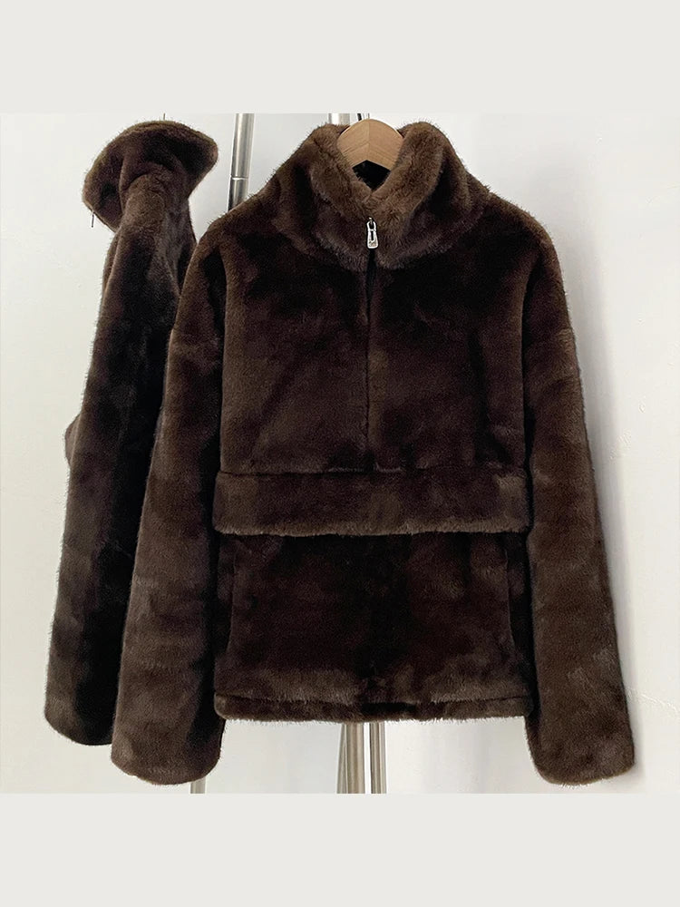 Mueyeruho 2026 Autumn Winter Women Faux Mink Fur Sweatshirt Pullover Solid Brown Streetwear Warm Long Sleeve Plush Fluffy Jacket