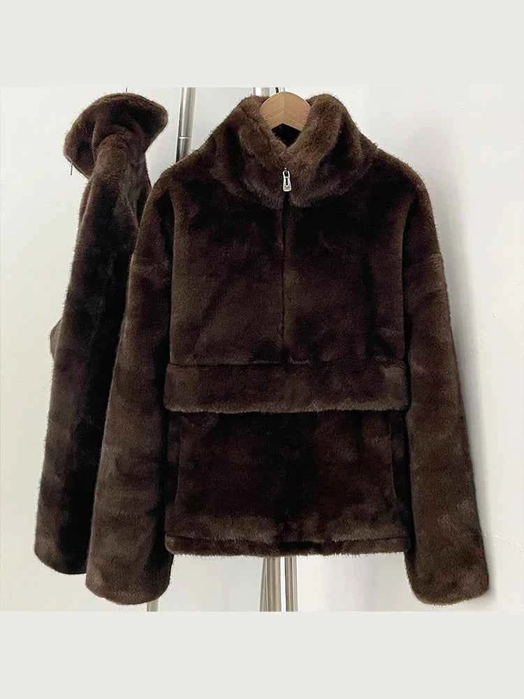 Mueyeruho 2026 Autumn Winter Women Faux Mink Fur Sweatshirt Pullover Solid Brown Streetwear Warm Long Sleeve Plush Fluffy Jacket