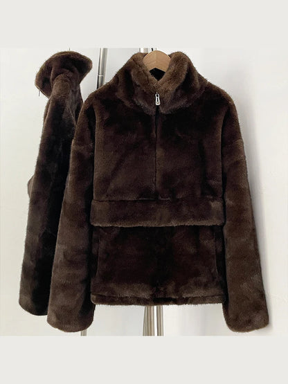 Mueyeruho 2026 Autumn Winter Women Faux Mink Fur Sweatshirt Pullover Solid Brown Streetwear Warm Long Sleeve Plush Fluffy Jacket