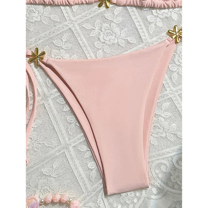 S - XL Metal Flower Halter Strappy Bikini Female Swimsuit Women Swimwear Two-pieces Bikini set Bather Bathing Suit Swim V6504 SS69