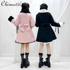 Japanese Sweet Winter Woolen Coat Lolita Style Cute Big Bow Fungus Edge Long Sleeve Slim Kawaii Girls Women Elegant Overcoat