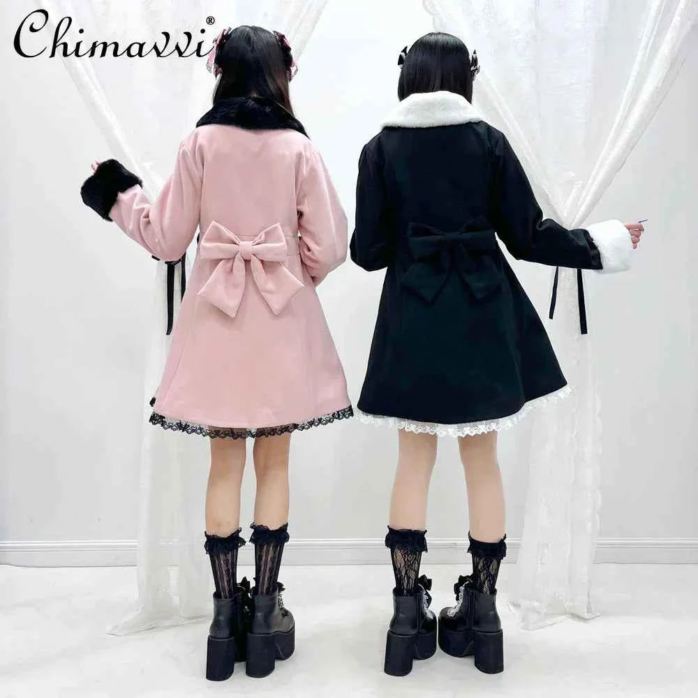 Japanese Sweet Winter Woolen Coat Lolita Style Cute Big Bow Fungus Edge Long Sleeve Slim Kawaii Girls Women Elegant Overcoat