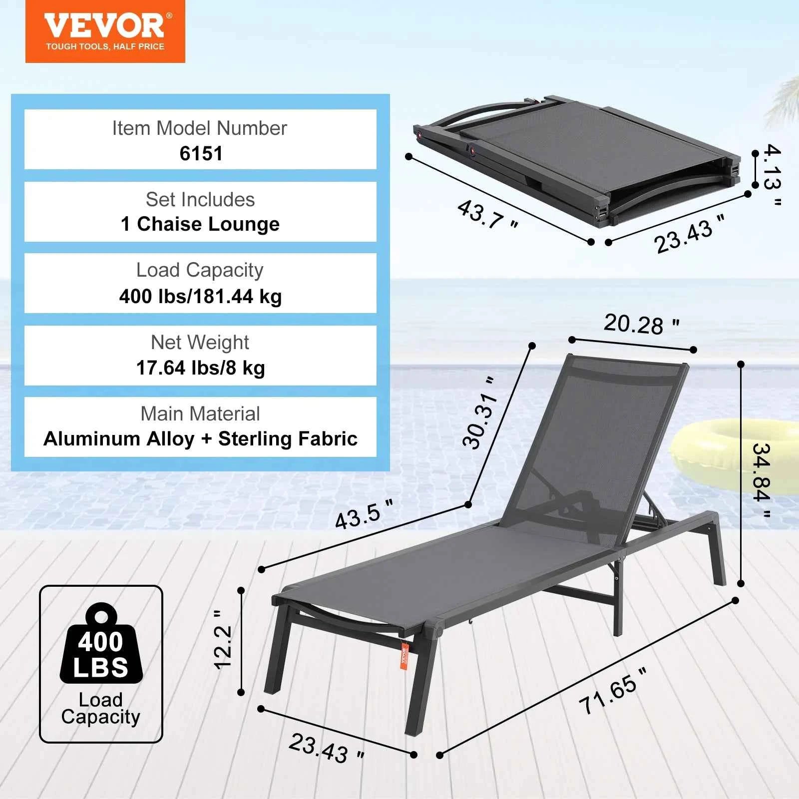 SucceBuy Chaise Lounge Chair Outdoor Aluminum Patio LoungeFolding Pool Lounge Recliner Full Flat for Patio Beach Pool Dark Grey