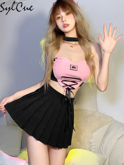 Sylcue Stitching Pink Sexy Hanging Neck Elastic Outer Wear Mature Charm Hot High Street Royal Sister Women's Vest Short Top SS69